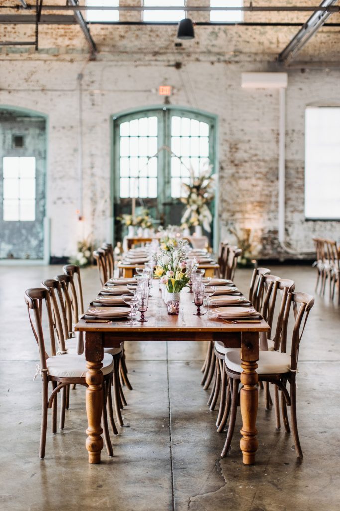 Long Farm Table with Walnut Crossback Chairs